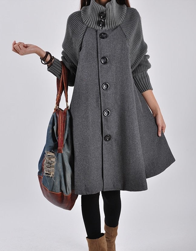 Women's Long-length Loose Woolen Coat, Cloak-style Tweed Overcoat