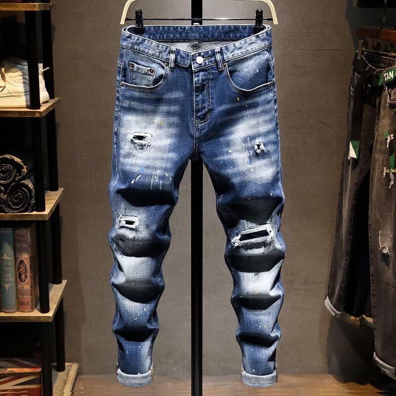 New Autumn Mens Ripped Versatile Slim-Fit Stretch Jeans